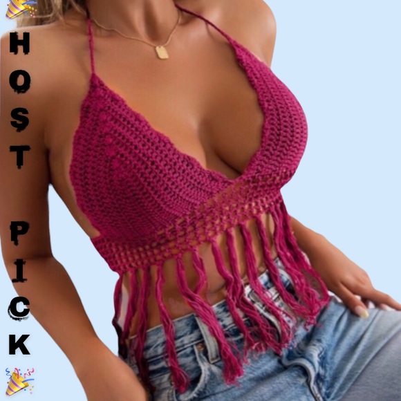 Tops - Fuchsia Raspberry Fringe Hem Crochet Tie Top